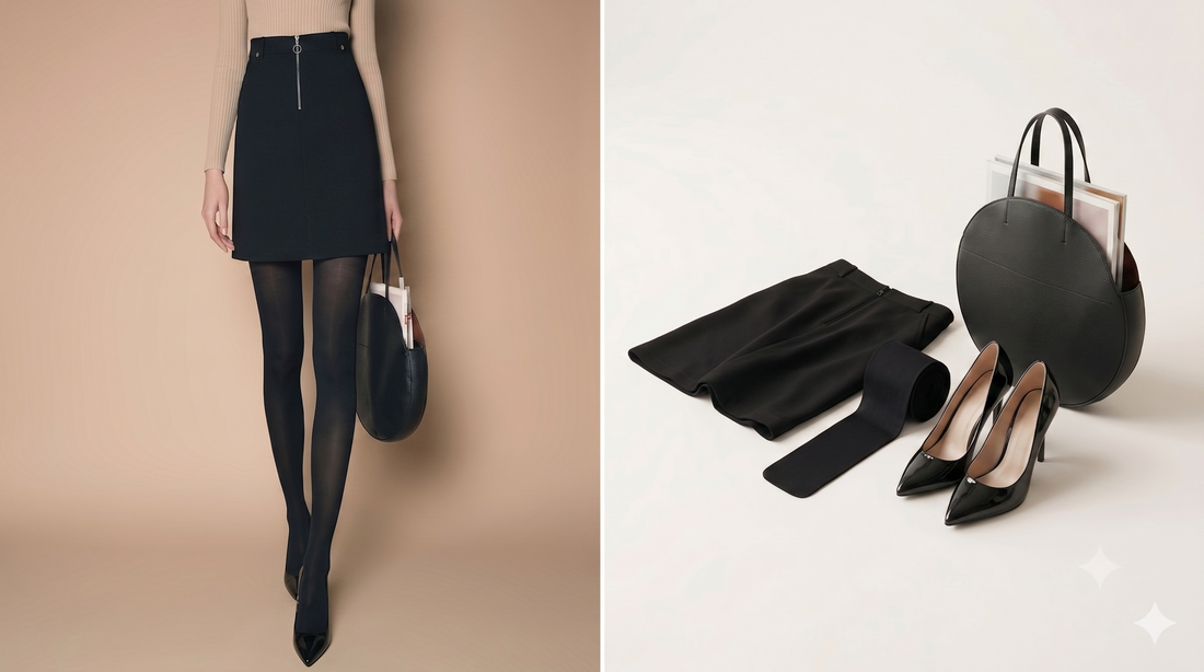Blickdichte schwarze Damen-Strumpfhose fürs Büro mit schwarzen Pumps