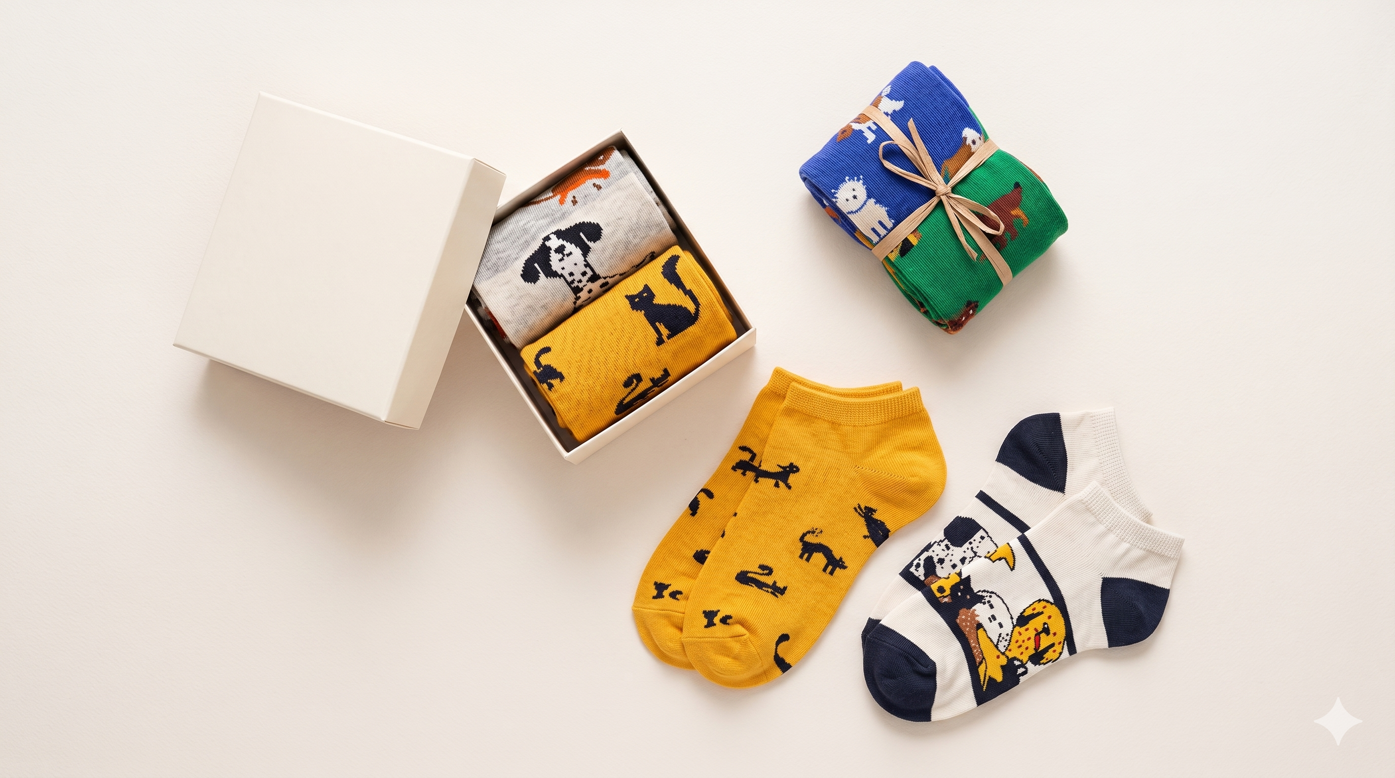 Motiv-Socken als Geschenk in offener Box mit Schleife
