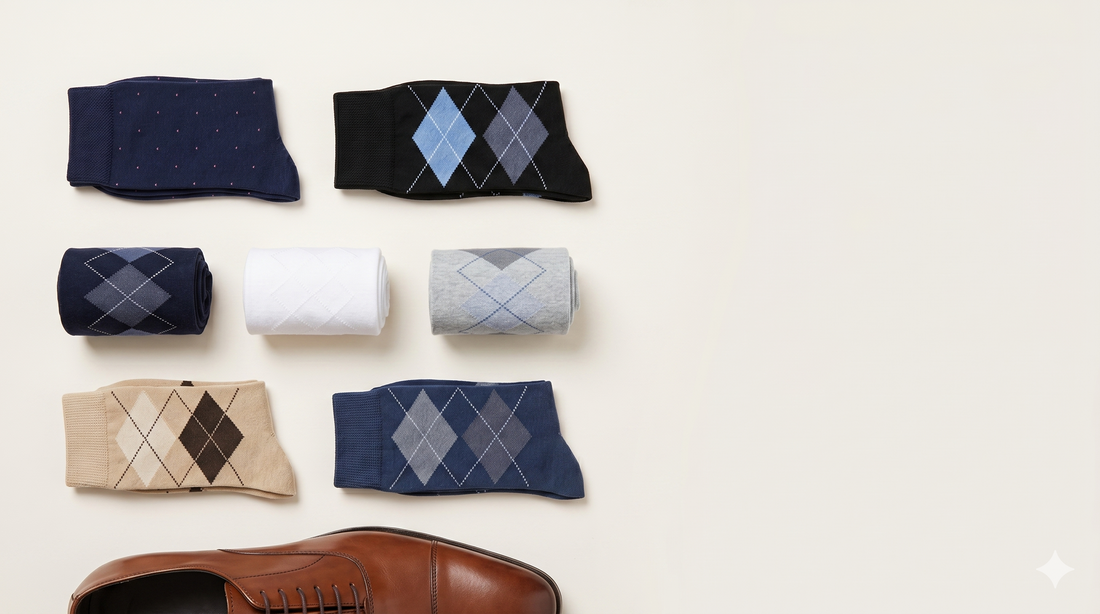 Herren Business-Socken in gedeckten Farben mit braunem Lederschuh