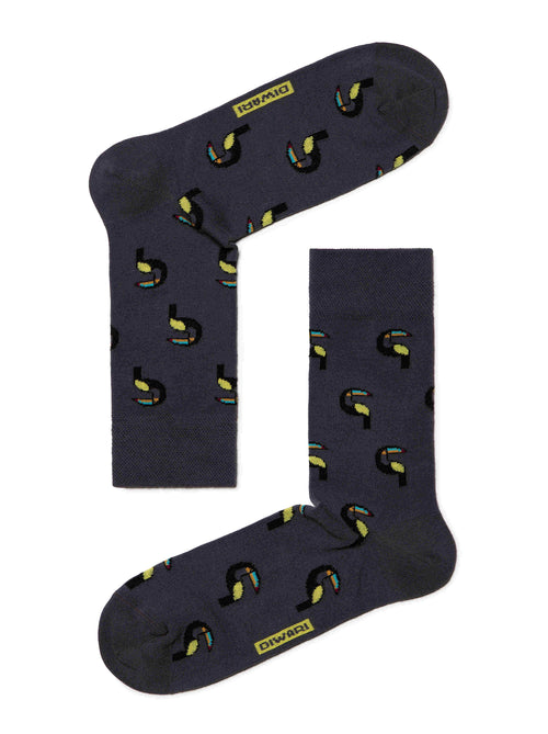 Lustige Herren Socken Dunkelgrau mit Tukane Motiv, Diwari Happy