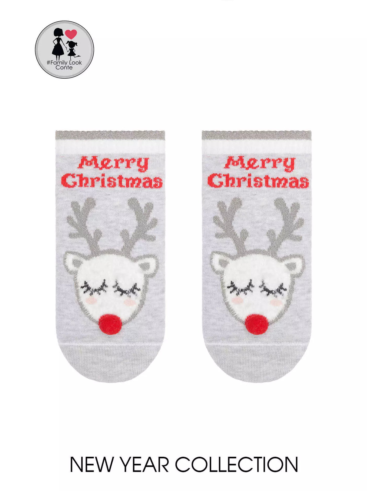 Conte Damen kurze hellgraue Baumwollsocken mit Rentiers Muster