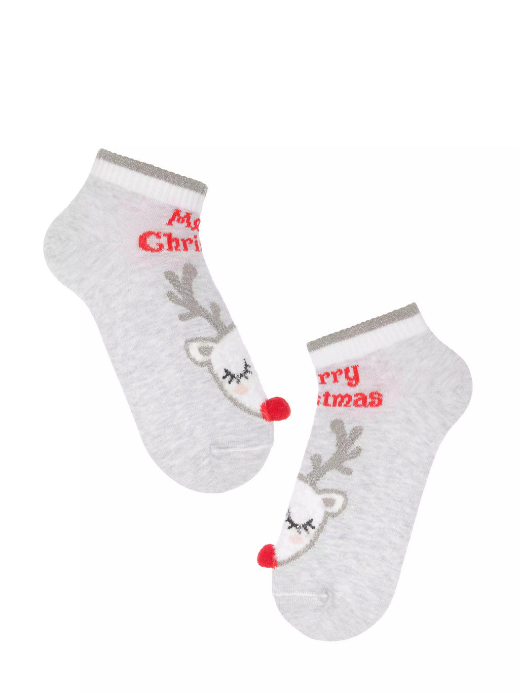 Conte Damen kurze hellgraue Baumwollsocken mit Rentiers Muster