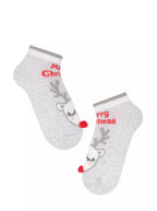 Conte Damen kurze hellgraue Baumwollsocken mit Rentiers Muster