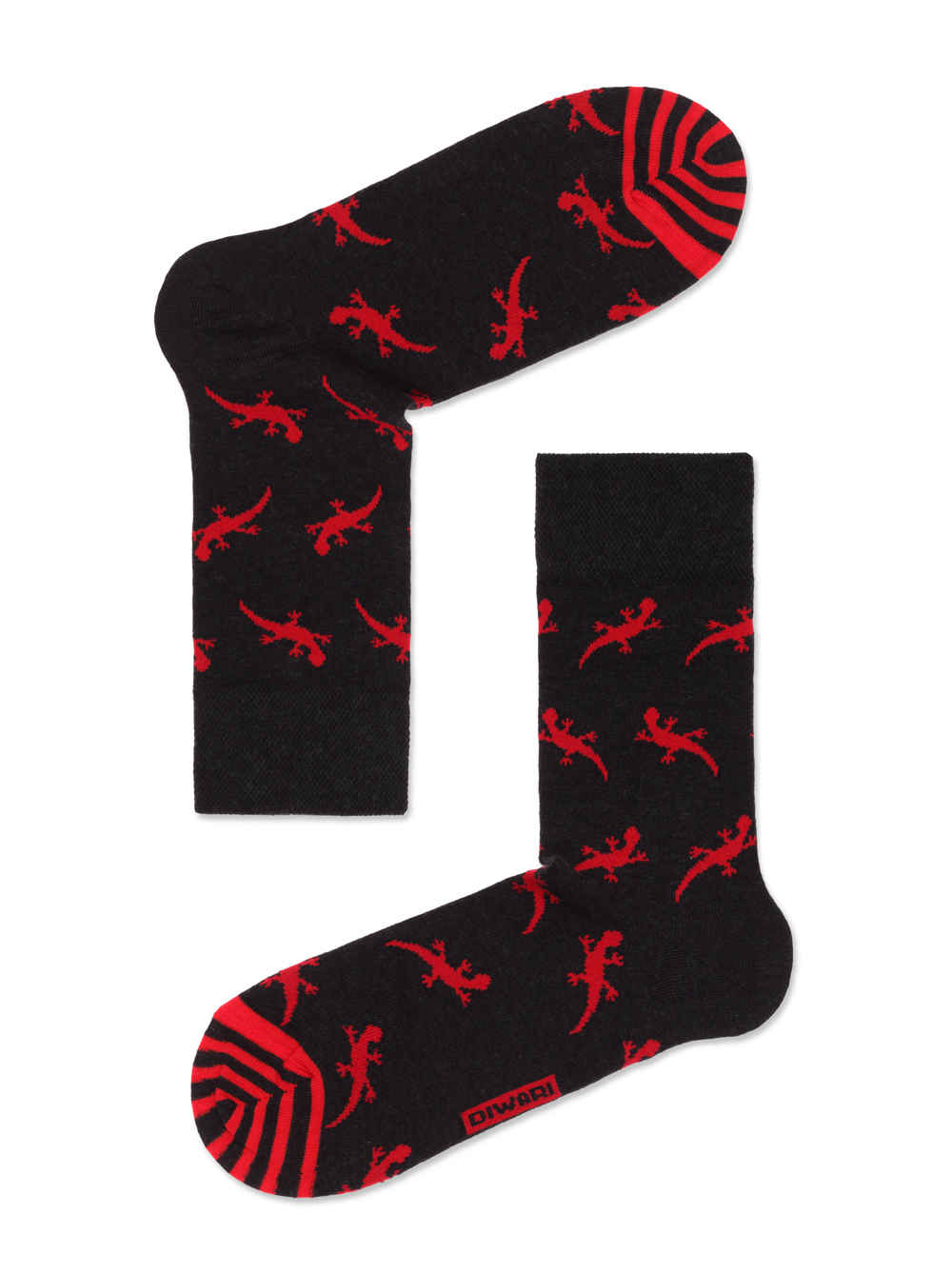 Lustige Socken Herren mit Eidechse Motiv, Schwarz Rot, Diwari Happy