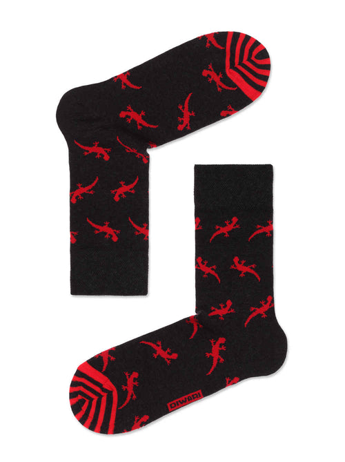 Lustige Socken Herren mit Eidechse Motiv, Schwarz Rot, Diwari Happy