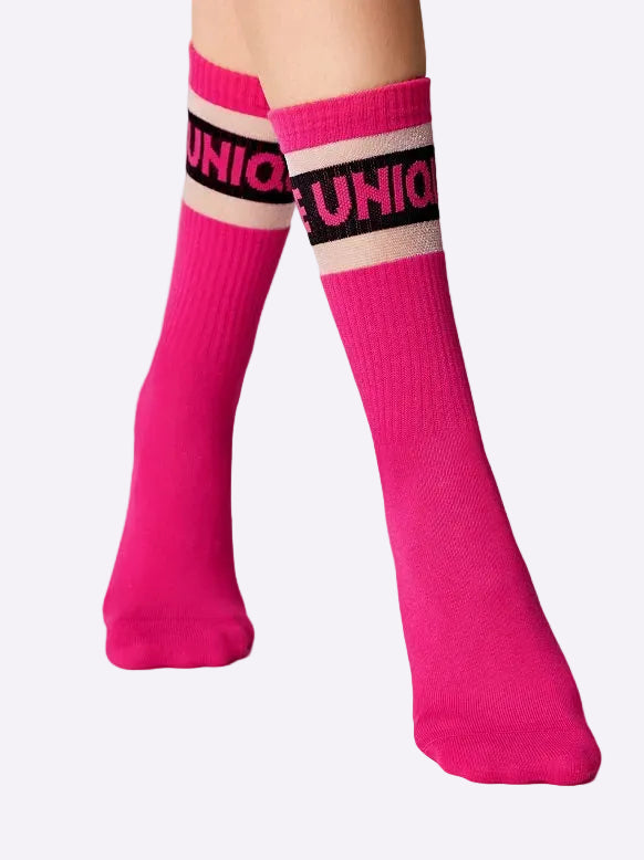 Lange Socken Conte in Fuchsia mit transparenten Streifen