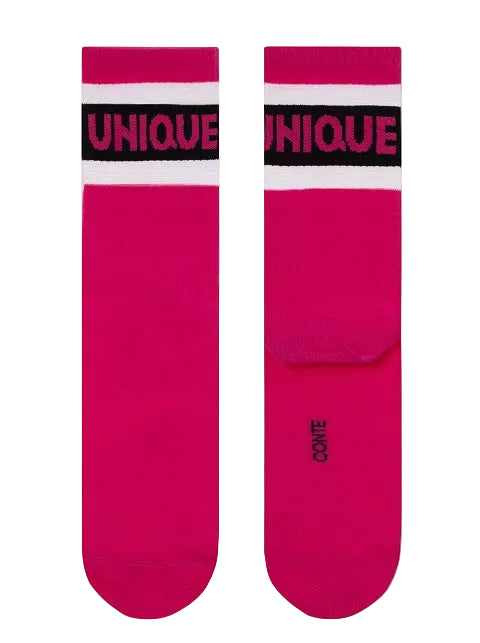 Lange Socken Conte in Fuchsia mit transparenten Streifen